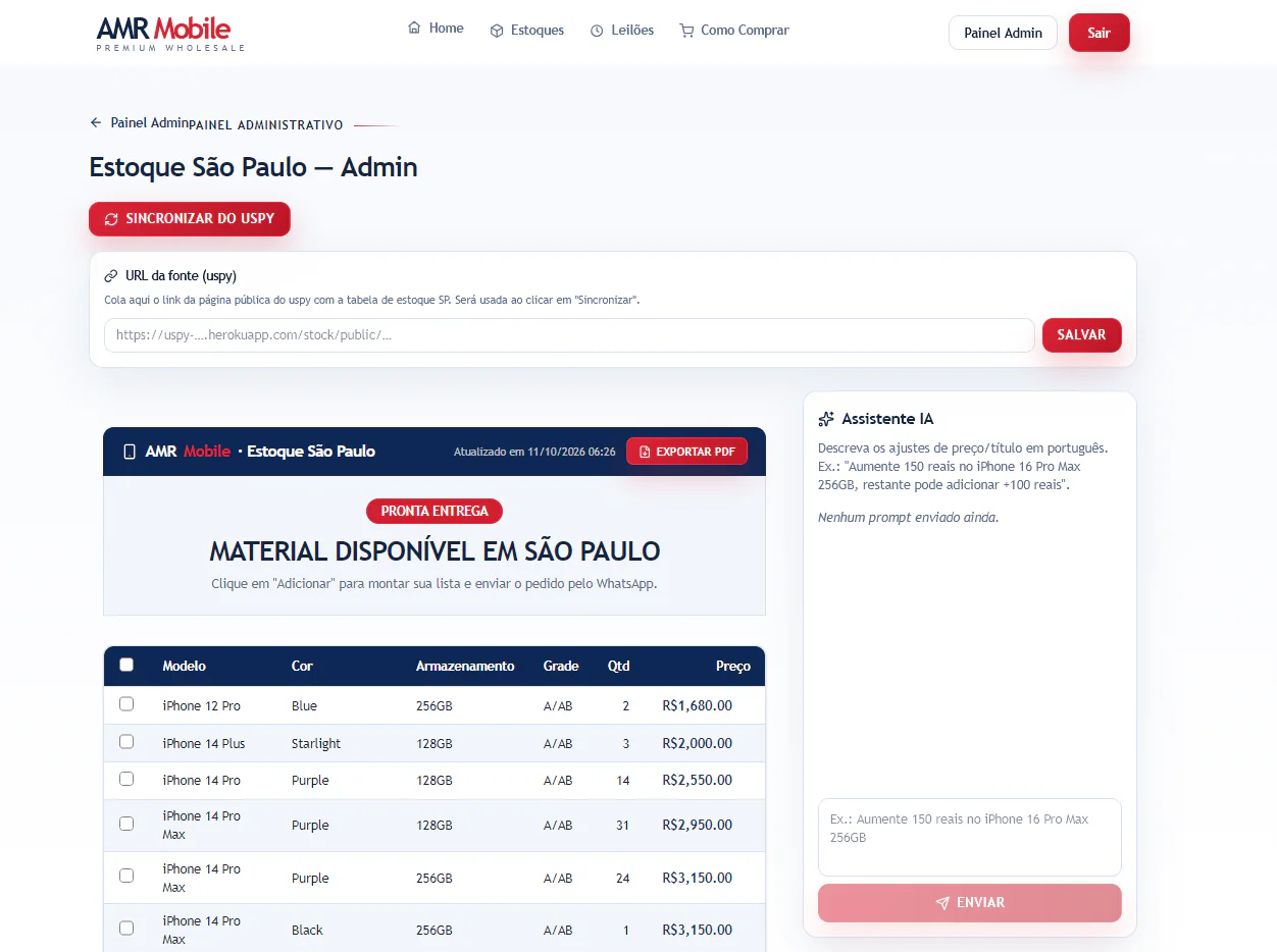Painel administrativo e assistente de IA da AMR Mobile